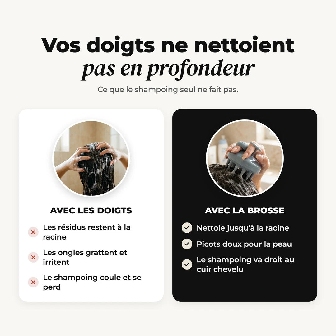 Lavage des cheveux avec les doigts comparé à la brosse exfoliante pour cuir chevelu