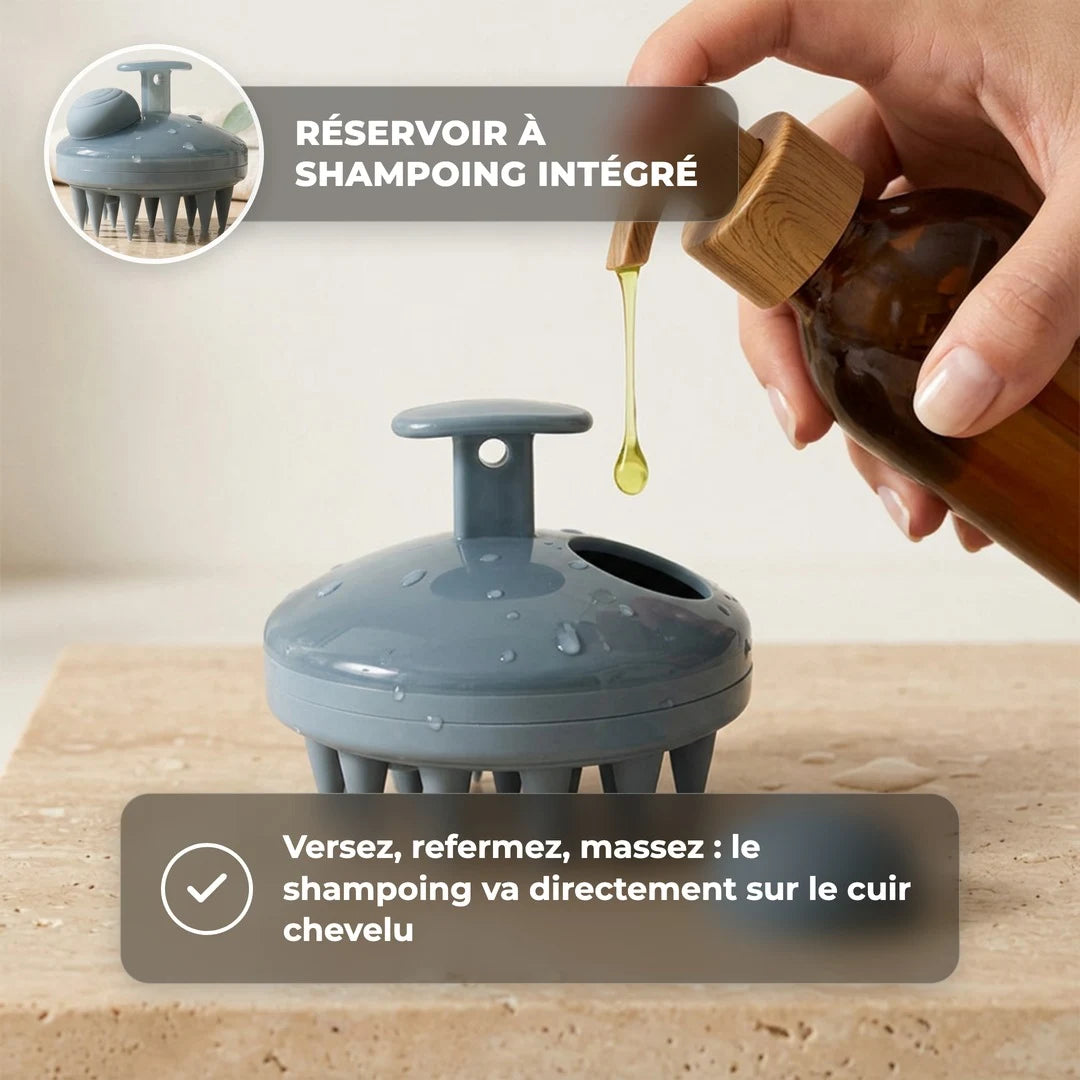 Shampoing versé dans le réservoir intégré de la brosse pour cuir chevelu