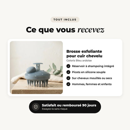 Brosse exfoliante pour cuir chevelu bleu ardoise avec garantie satisfait ou remboursé 90 jours