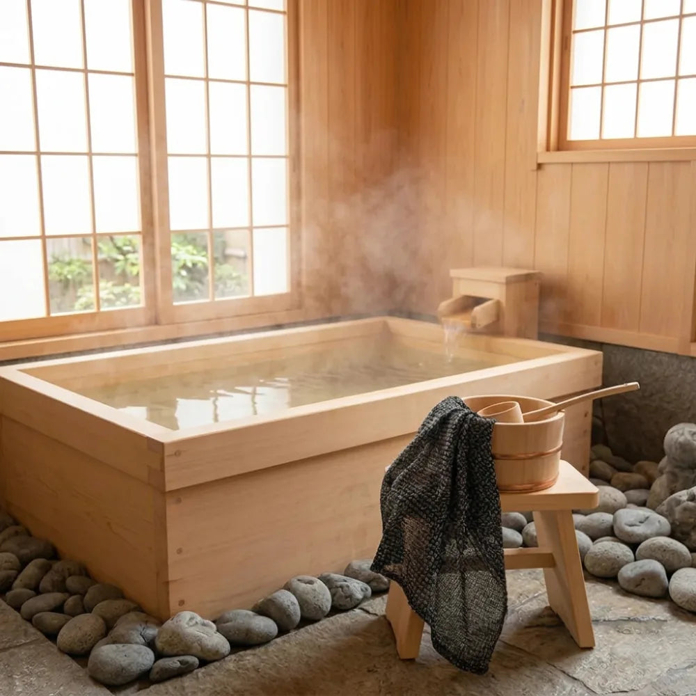 Salle de bain japonaise avec bain hinoki et serviette exfoliante Velura